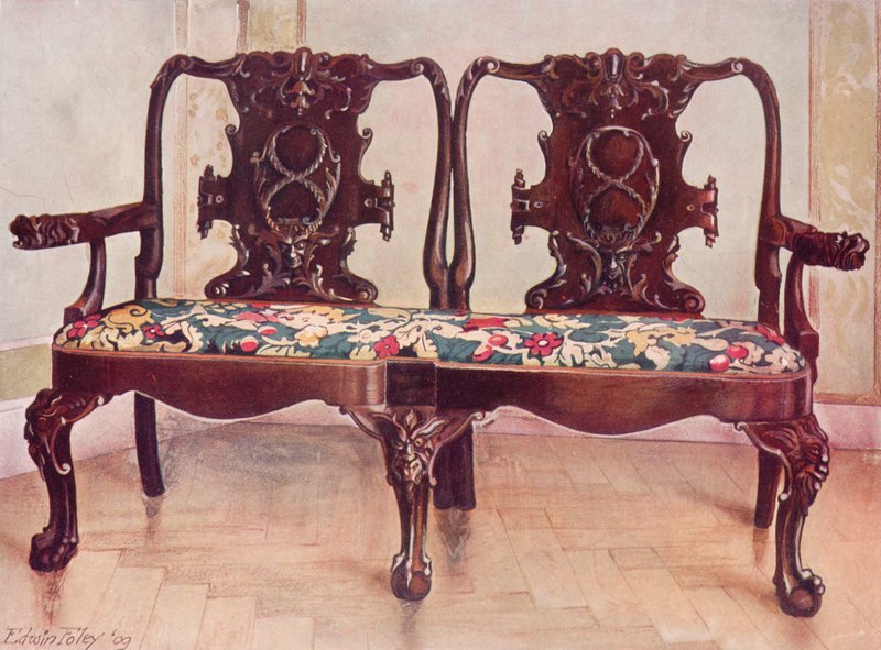 Rzeźbiony orzech Darby i Joan Settee autorstwa Edwin John Foley