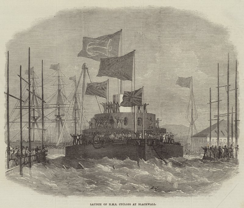 Wodowanie HMS Cyclops w Blackwall autorstwa Edwin Weedon
