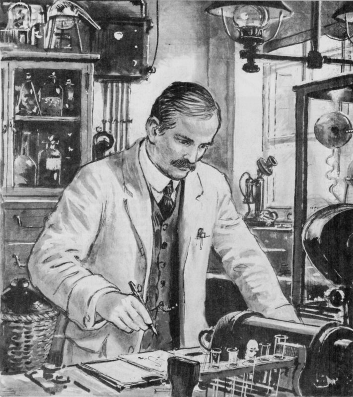 Ernest Rutherford w pracy w swoim laboratorium w Cambridge autorstwa English School