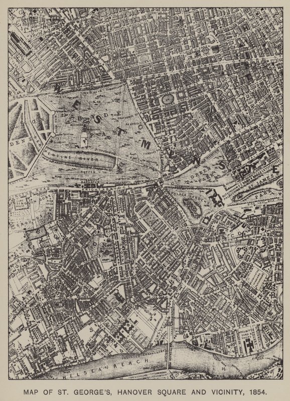 Mapa St Georges, Hanover Square i okolice, 1854 autorstwa English School