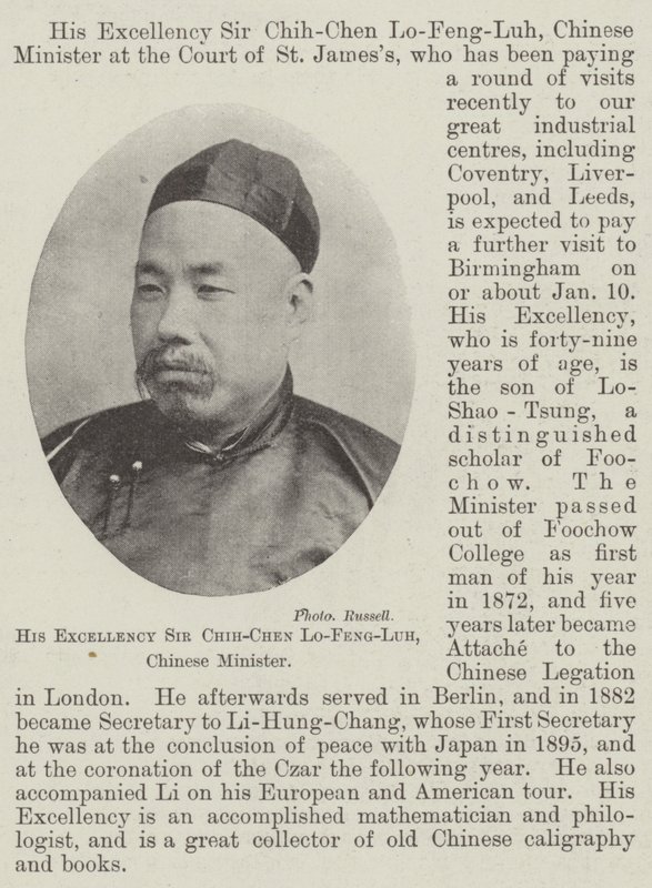 Jego Ekscelencja Sir Chih-Chen Lo-Feng-Luh, chiński minister autorstwa English Photographer
