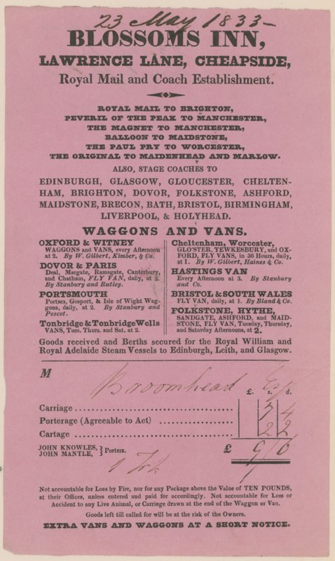 Blossoms Inn, Lawrence Lane, Cheapside, Bill autorstwa English School