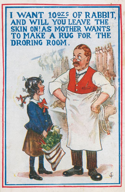 Kupowanie królika u rzeźnika (kolor litho) autorstwa English School
