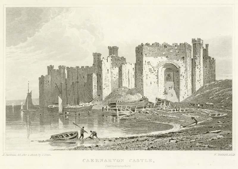Zamek Caernarvon, Caernarvonshire (grawerowanie) autorstwa English School