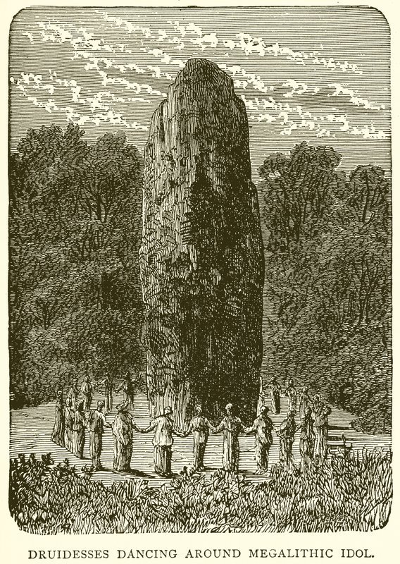 Druidesy tańczą wokół megalitycznego bożka autorstwa English School