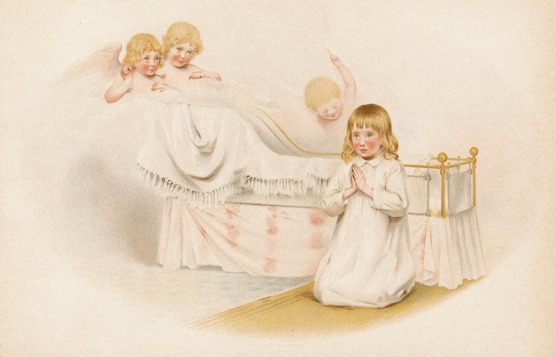 Dziewczyna modląca się przy swoim łóżku (chromolitho) autorstwa English School
