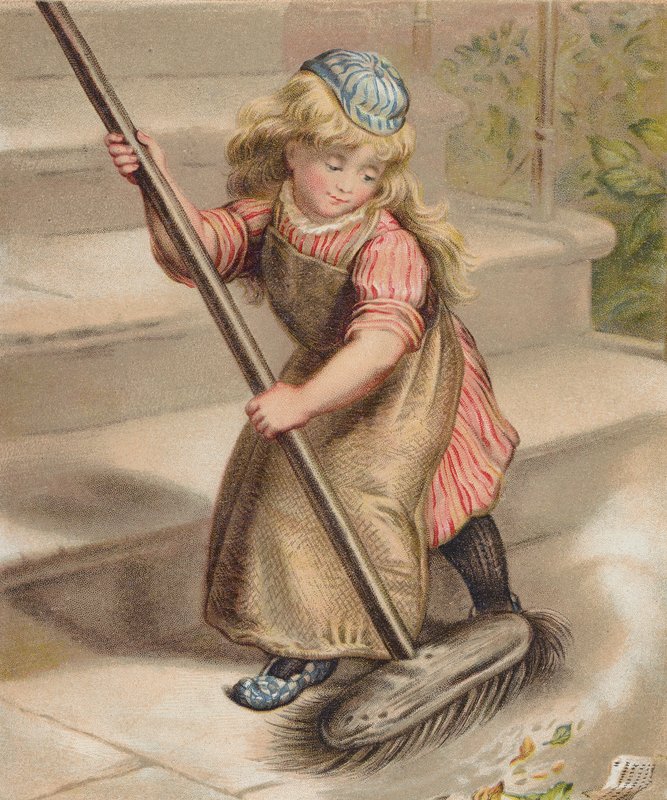 Dziewczyna zamiatająca miotłą (chromolitho) autorstwa English School