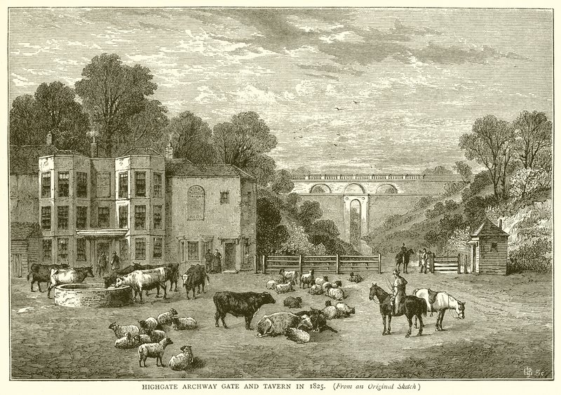 Brama Archway Highgate i tawerna w 1825 r. autorstwa English School