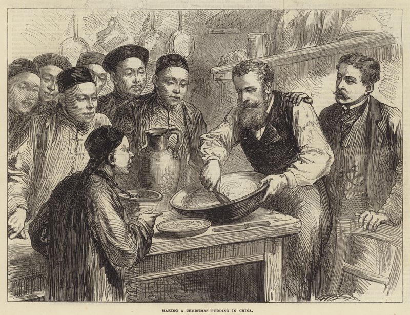 Robienie świątecznego puddingu w Chinach (grawerowanie) autorstwa English School
