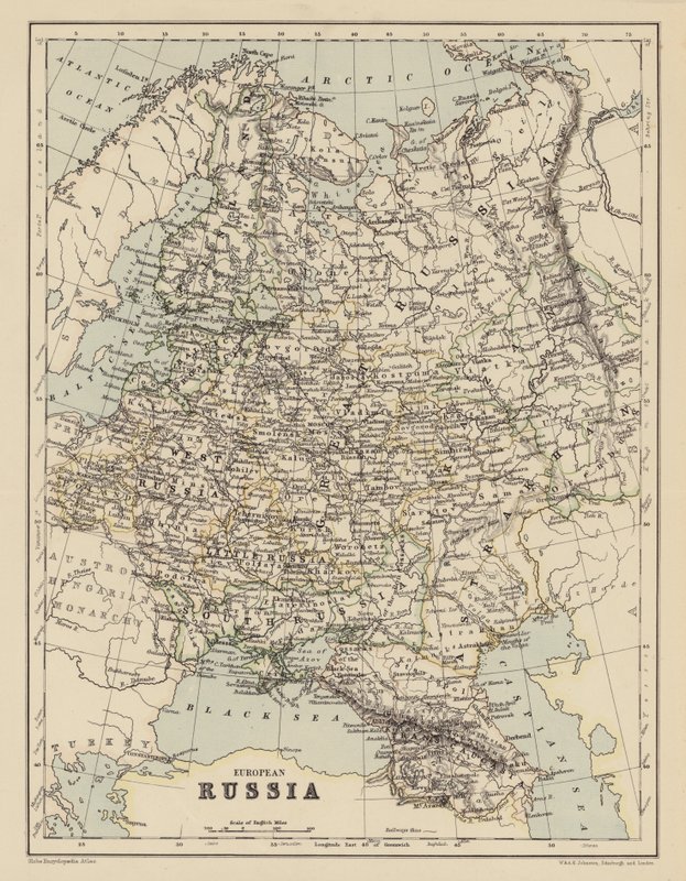 Mapa europejskiej Rosji (kolorowa litografia) autorstwa English School