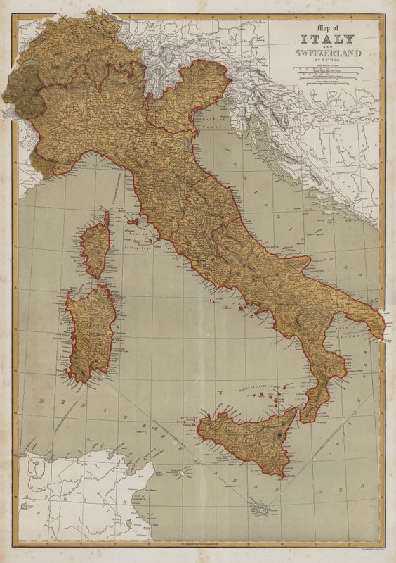 Mapa da Itália e Suíça (litho de cor)polonês autorstwa English School