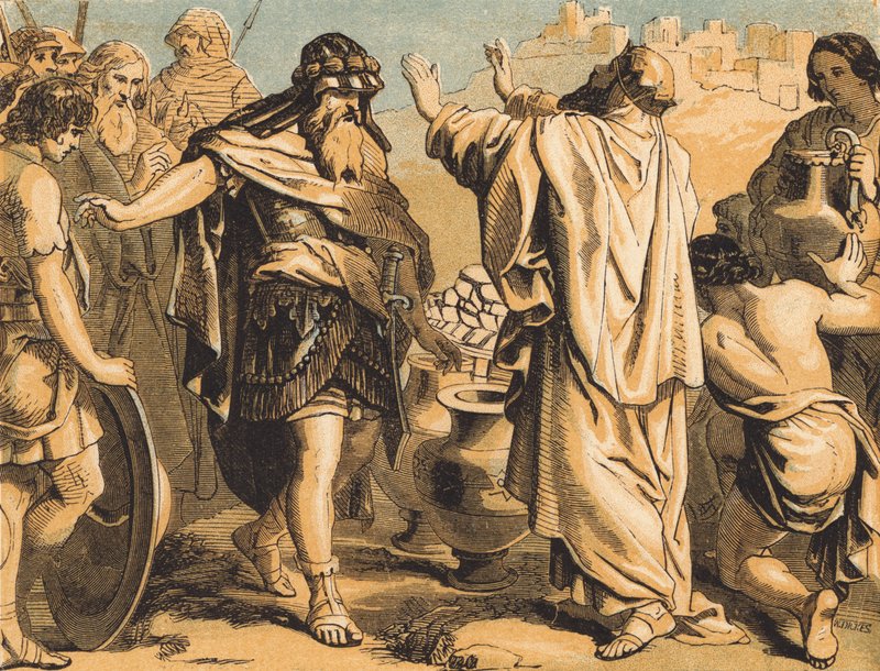 Melchizedek błogosławi Abrahama (kolorowy grawerunek) autorstwa English School