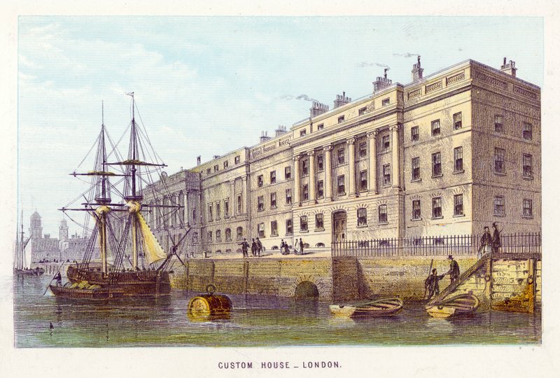 Tamiza: Custom House, Londyn (kolorowy grawerunek) autorstwa English School