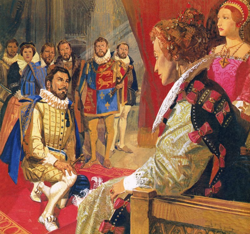 Sir Walter Raleigh przed królową Elżbietą autorstwa English School