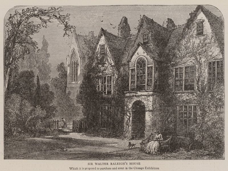 Dom Sir Waltera Raleigha (grawerowanie) autorstwa English School