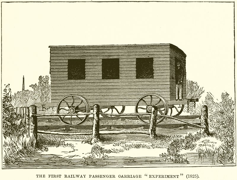 Pierwszy Eksperyment z Pasażerskim Przewozem Kolejowym (1825) autorstwa English School