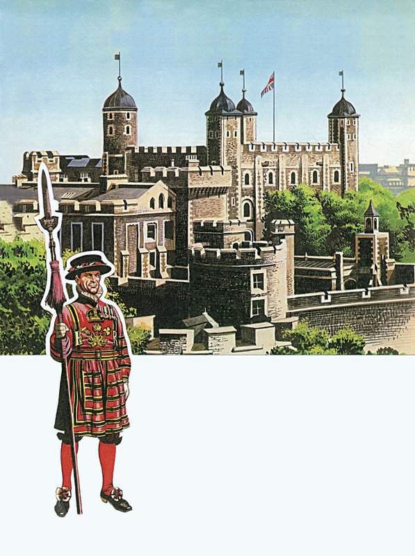 Tower of London z Beefeater autorstwa English School