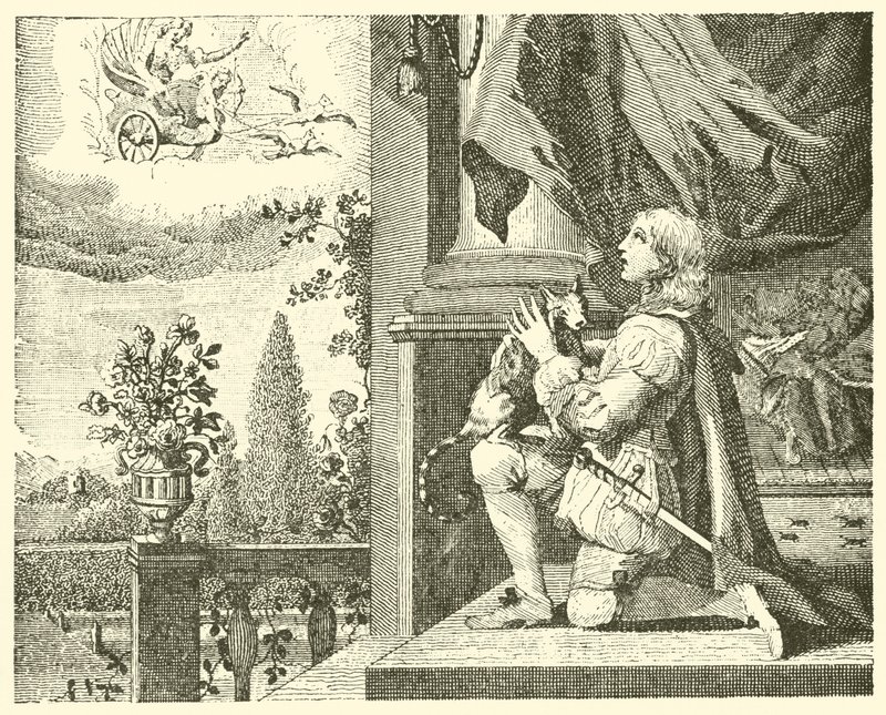 Młody mężczyzna i jego kot (grawerunek) autorstwa English School