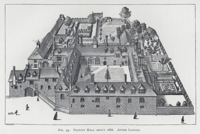 Trinity Hall ok. 1688, wg Loggana (rycina) autorstwa English School