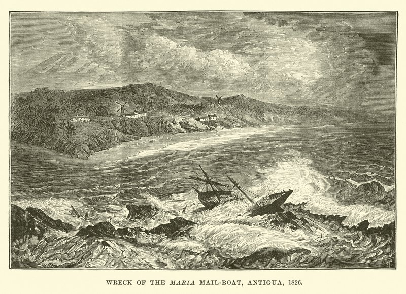 Wrak łodzi pocztowej Maria, Antigua, 1826 r. autorstwa English School