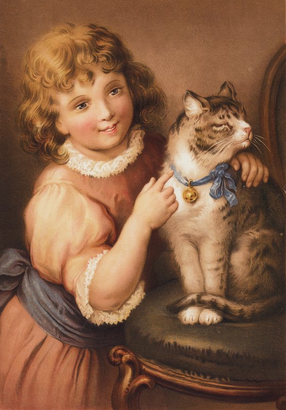 Młoda dziewczyna z kotem (chromolitho) autorstwa English School
