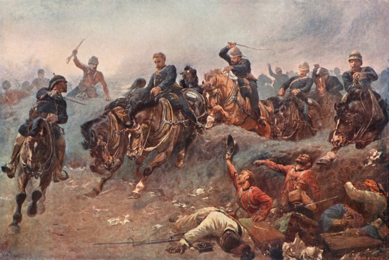 Artyleria brytyjska wkraczająca na linie wroga w bitwie pod Tel El Kebir, Egipt, 1882 r. autorstwa Esteban Márquez de Velasco