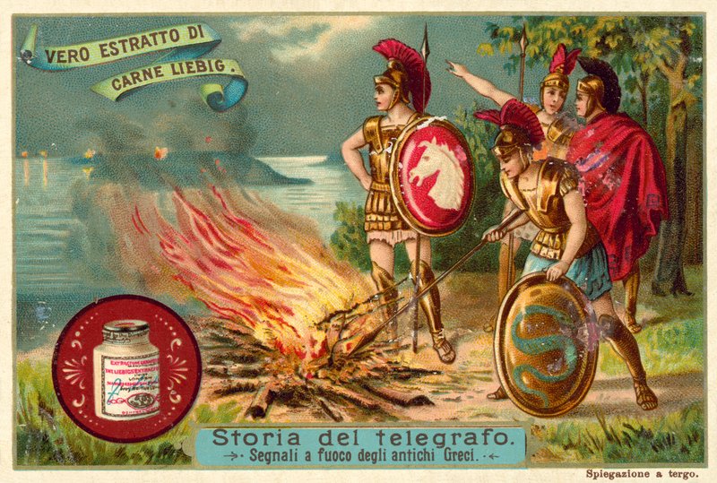 Starożytni Grecy sygnalizujący ogniem (chromolitho) autorstwa European School
