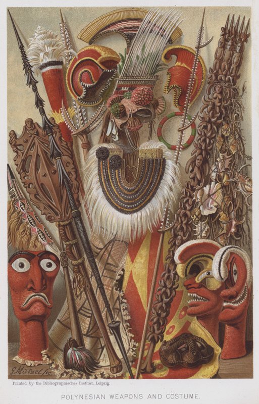 Polinezyjska broń i kostium (chromolitho) autorstwa European School
