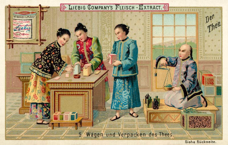 Ważenie i pakowanie herbaty (chromolitho) autorstwa European School