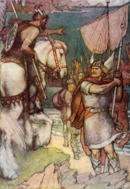 Naczelnik rzuca wyzwanie Beowulfowi (kolor lito) autorstwa Evelyn Paul