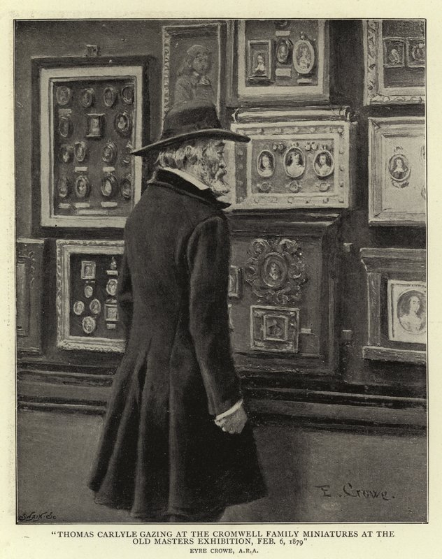 Thomas Carlyle wpatrujący się w miniatury rodziny Cromwellów na wystawie starych mistrzów, 6 lutego 1879 r. autorstwa Eyre Crowe