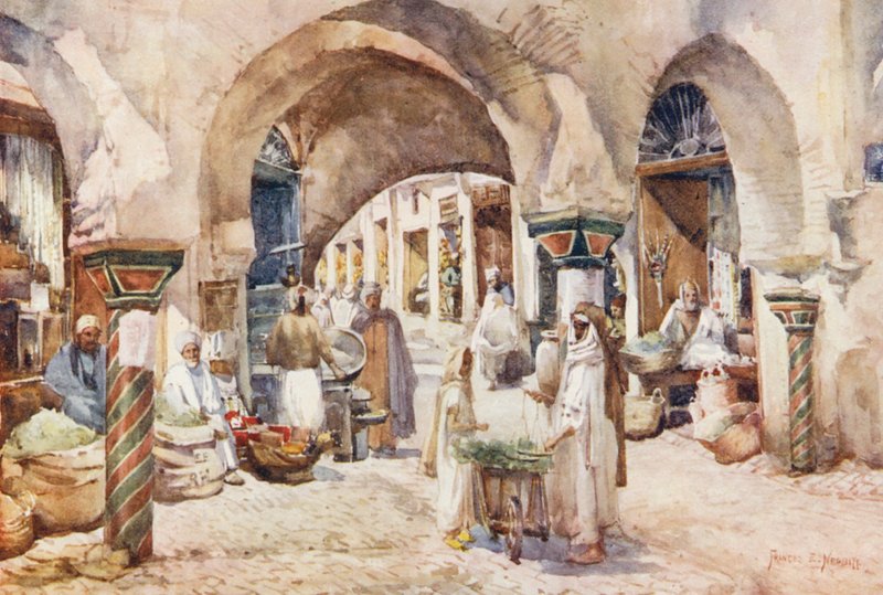 Souk el Attarin, Tunis (kolorowa litografia) autorstwa Frances Nesbitt