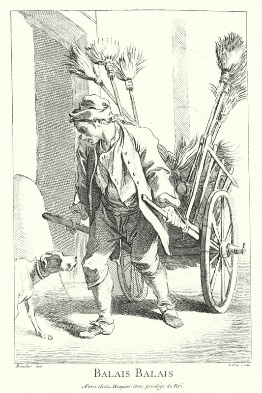 Sprzedawca mioteł (grawerowanie) autorstwa Francois (after) Boucher