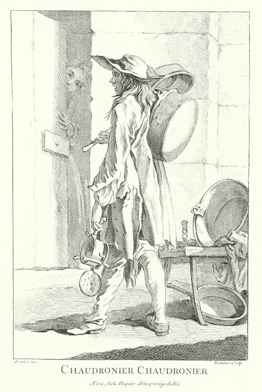 Sprzedawca garnków i patelni (grawerowanie) autorstwa Francois (after) Boucher