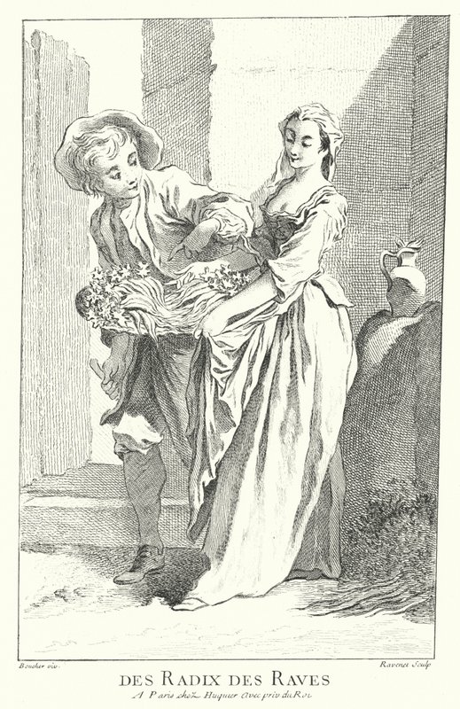 Sprzedawca rzodkiewki i rzepy (grawerowanie) autorstwa Francois (after) Boucher