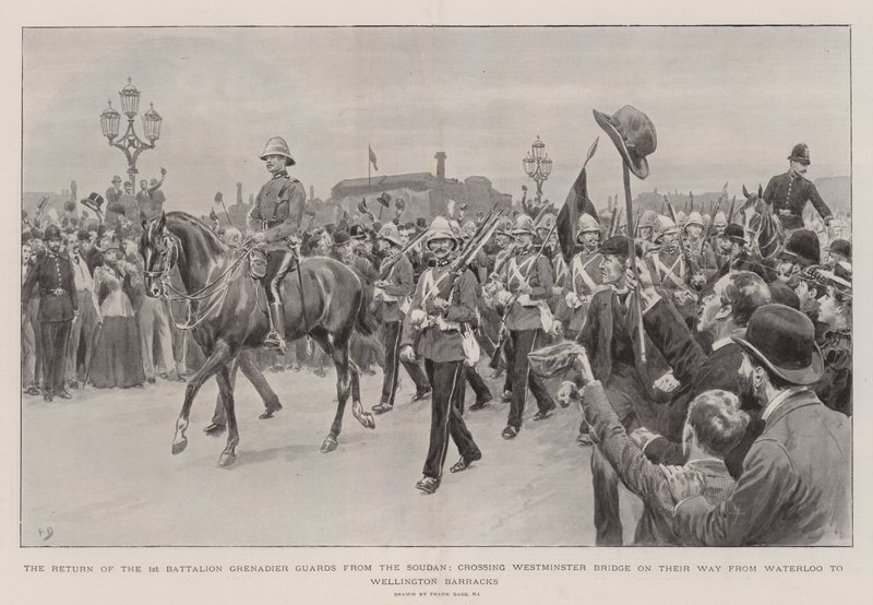 Powrót gwardii grenadierów 1. batalionu z Sudanu, przekraczającego most Westminster w drodze z Waterloo do koszar Wellington autorstwa Frank Dadd