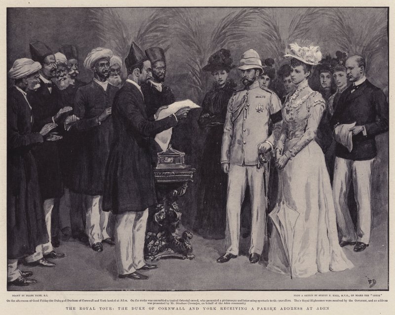 The Royal Tour, książę Kornwalii i Yorku otrzymuje adres Parsee w Aden autorstwa Frank Dadd