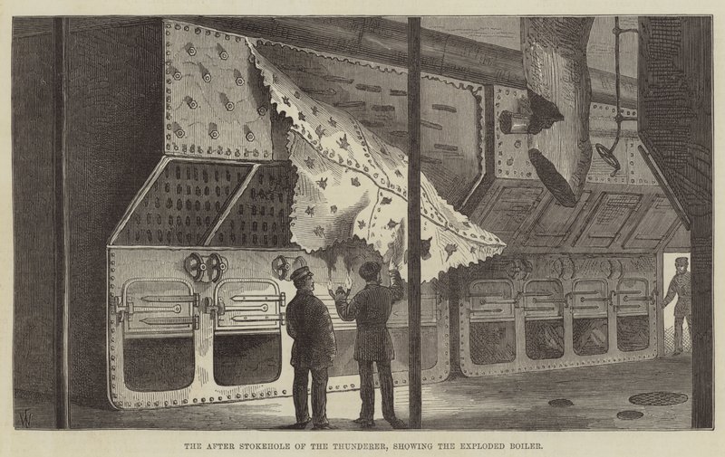 The After Stokehole of the Thunderer, pokazujący eksplodujący kocioł autorstwa Frank Watkins