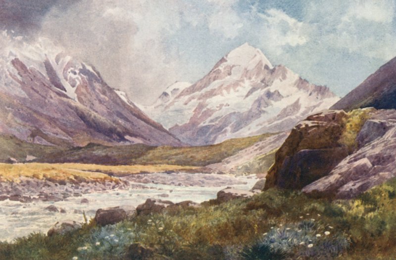 Nowa Zelandia: Mount Cook (kolorowa litografia) autorstwa Frank H Wright