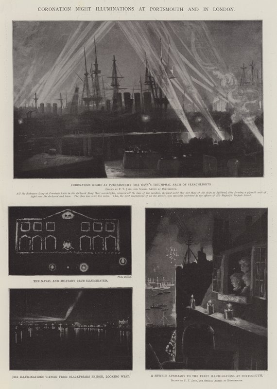 Nocne iluminacje koronacyjne w Portsmouth i w Londynie autorstwa Fred T. Jane