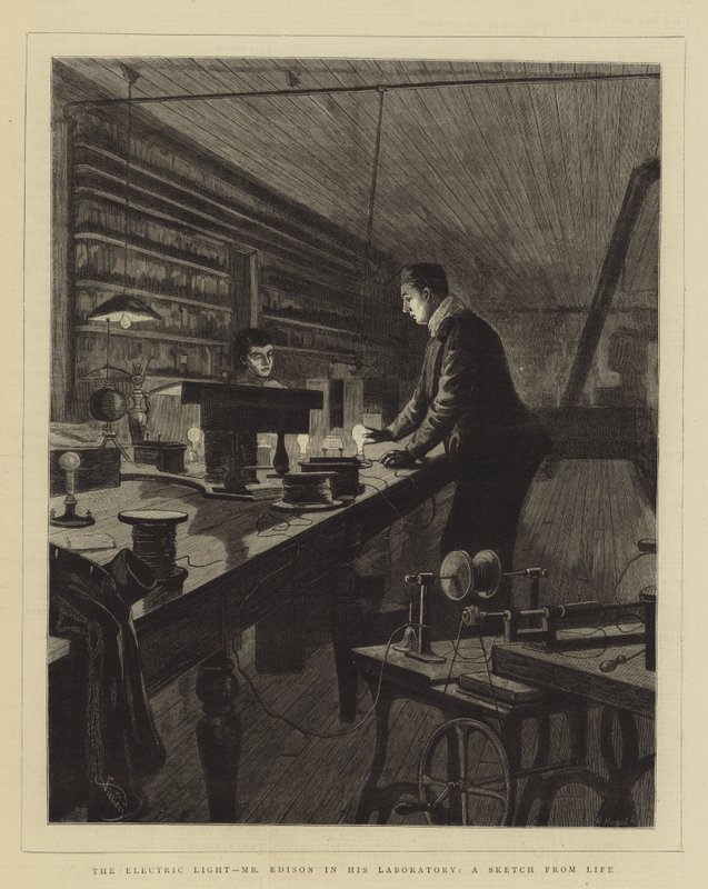Światło elektryczne, pan Edison w swoim laboratorium, szkic z życia autorstwa Frederic Villiers