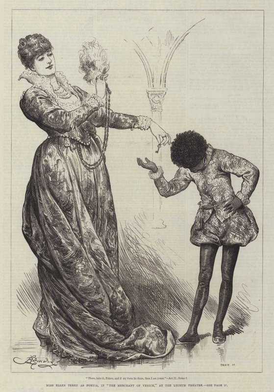 Miss Ellen Terry jako Portia w Kupie weneckim w teatrze Lyceum autorstwa Frederick Barnard
