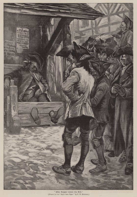 "Po kolacji przychodzi rachunek" (grawerunek) autorstwa Frederick William Burton