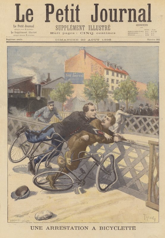 Policjant dokonujący aresztowania ze swojego roweru autorstwa French School