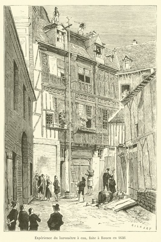 Eksperyment barometru wodnego wykonany w Rouen w 1646 r. autorstwa French School