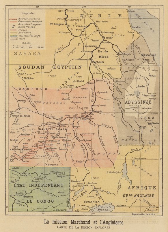 Mapa regionu Afryki eksplorowanego przez Ekspedycję Marchand autorstwa French School