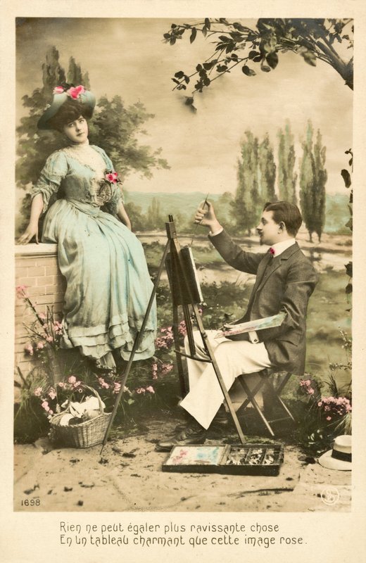 Artysta malujący ładną dziewczynę z różami autorstwa French Photographer