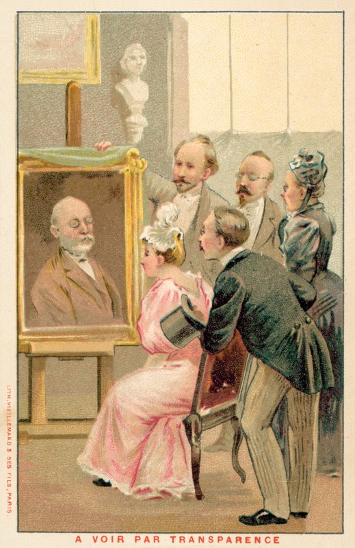 Grupa ludzi studiujących obraz (chromolitho) autorstwa French School