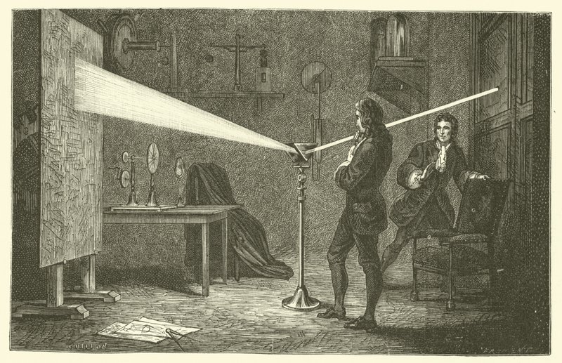 Isaac Newton rozkłada światło (grawerunek) autorstwa French School