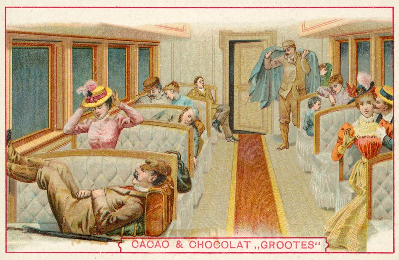 Pasażerowie w wagonie kolejowym (chromolitho) autorstwa French School